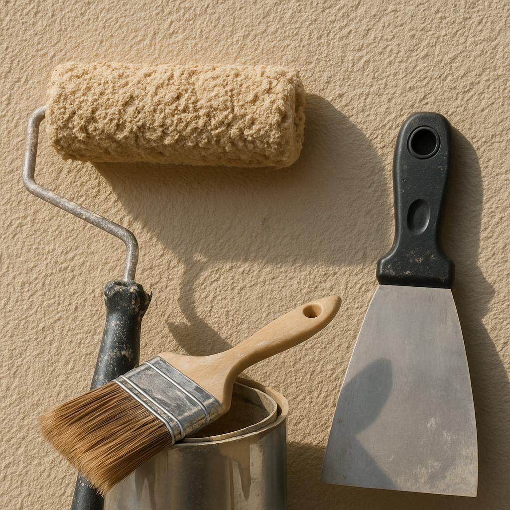 Detailní pohled na venkovní nátěr fasády. Nástroje, které usnadní život Detailní pohled na venkovní nátěr fasády. Nástroje, které usnadní život