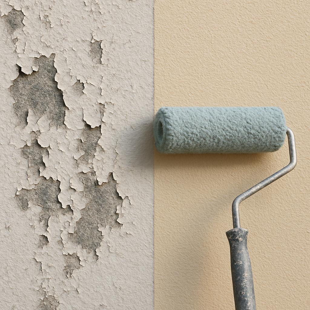 Detailní pohled na venkovní nátěr fasády. Kdy volit přestříkání a kdy kompletní obnovu Detailní pohled na venkovní nátěr fasády. Kdy volit přestříkání a kdy kompletní obnovu