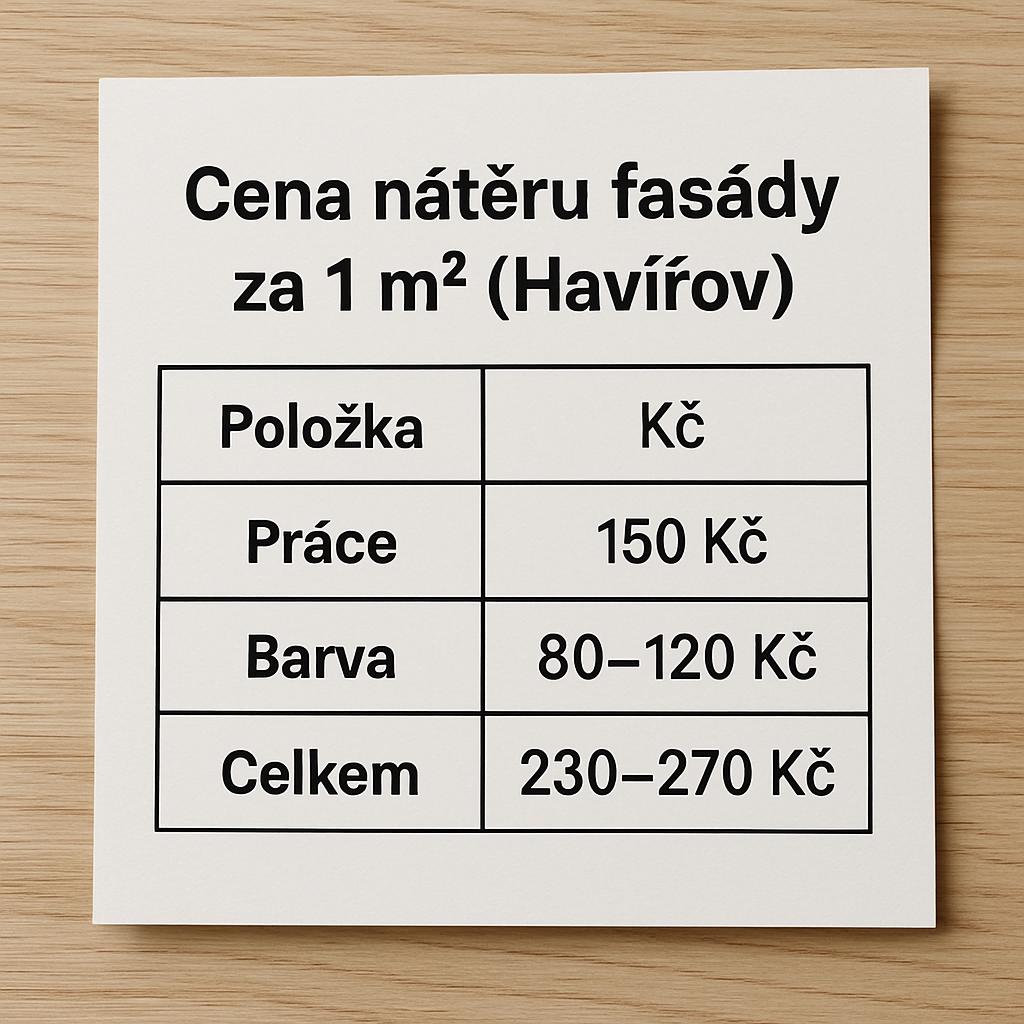 Rychlý návod k cena nátěru fasády za 1 m² (Havířov). Přehled nákladů v číslech: orientační tabulka pro Havířov