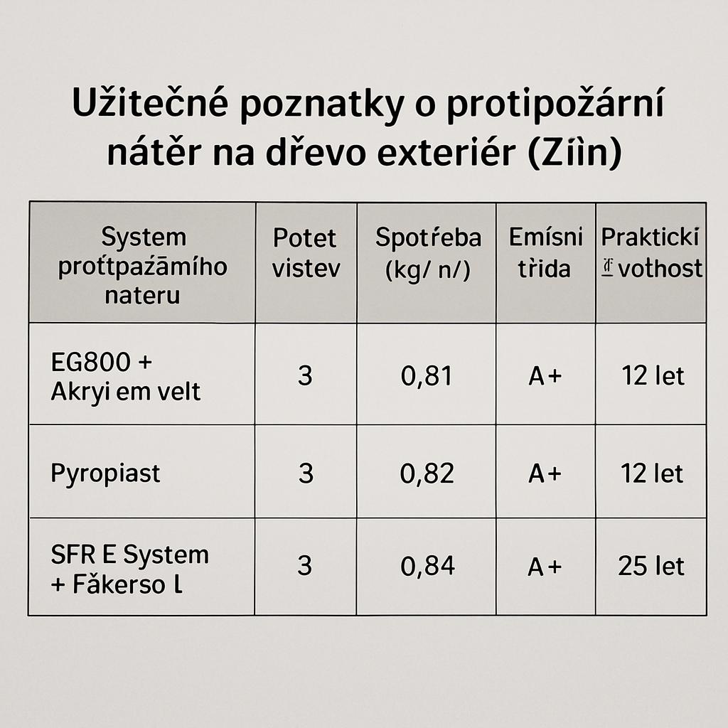 Užitečné poznatky o protipožární nátěr na dřevo exteriér (Zlín). Tabulka: srovnání vybraných systémů protipožárních nátěrů pro dřevo exteriér