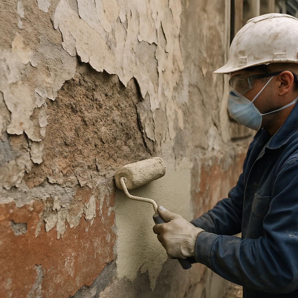 Detailní pohled na nátěr staré fasády (Kladno). Přístup k údržbě staré fasády v praxi Detailní pohled na nátěr staré fasády (Kladno). Přístup k údržbě staré fasády v praxi