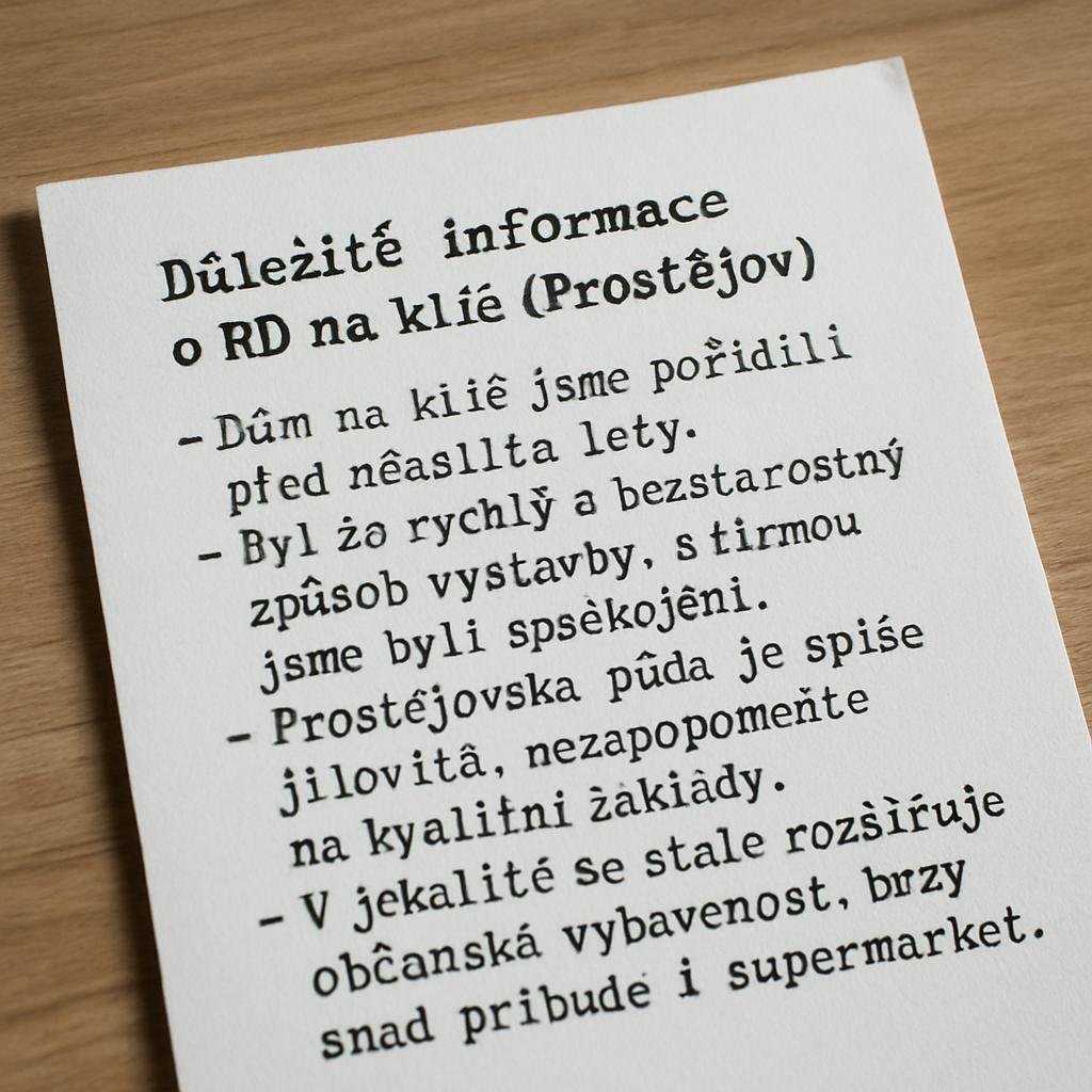 Důležité informace o rd na klíč (Prostějov). Osobní zkušenost autora a konkrétní poznámky k Prostějovskému prostředí Důležité informace o rd na klíč (Prostějov). Osobní zkušenost autora a konkrétní poznámky k Prostějovskému prostředí