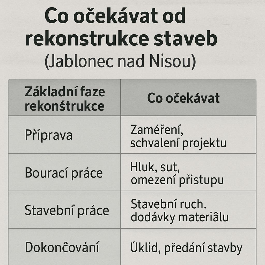 Co očekávat od rekonstrukce staveb (Jablonec nad Nisou). Tabulka: základní fáze rekonstrukce a co očekávat Co očekávat od rekonstrukce staveb (Jablonec nad Nisou). Tabulka: základní fáze rekonstrukce a co očekávat