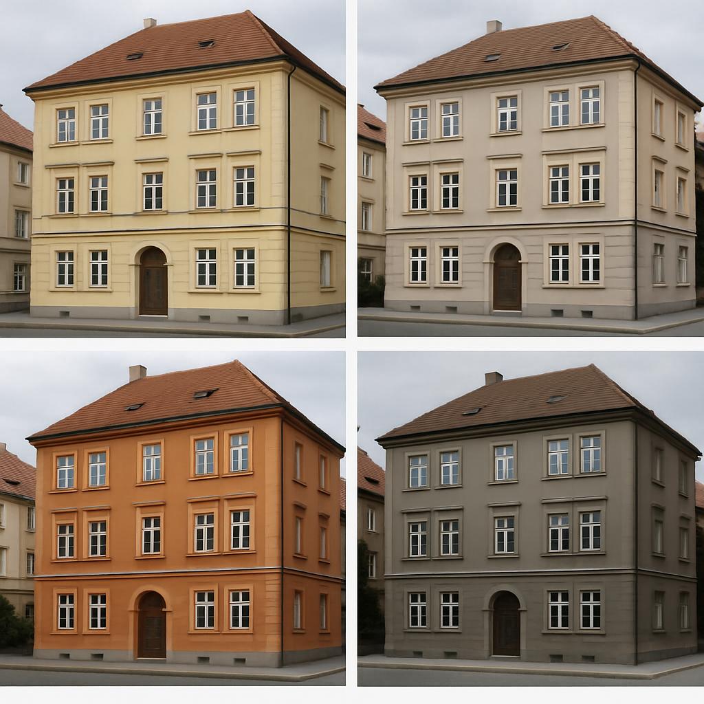 Inspirace pro nátěr fasády (Pardubice). Tabulka: doporučené barvy podle typu budov