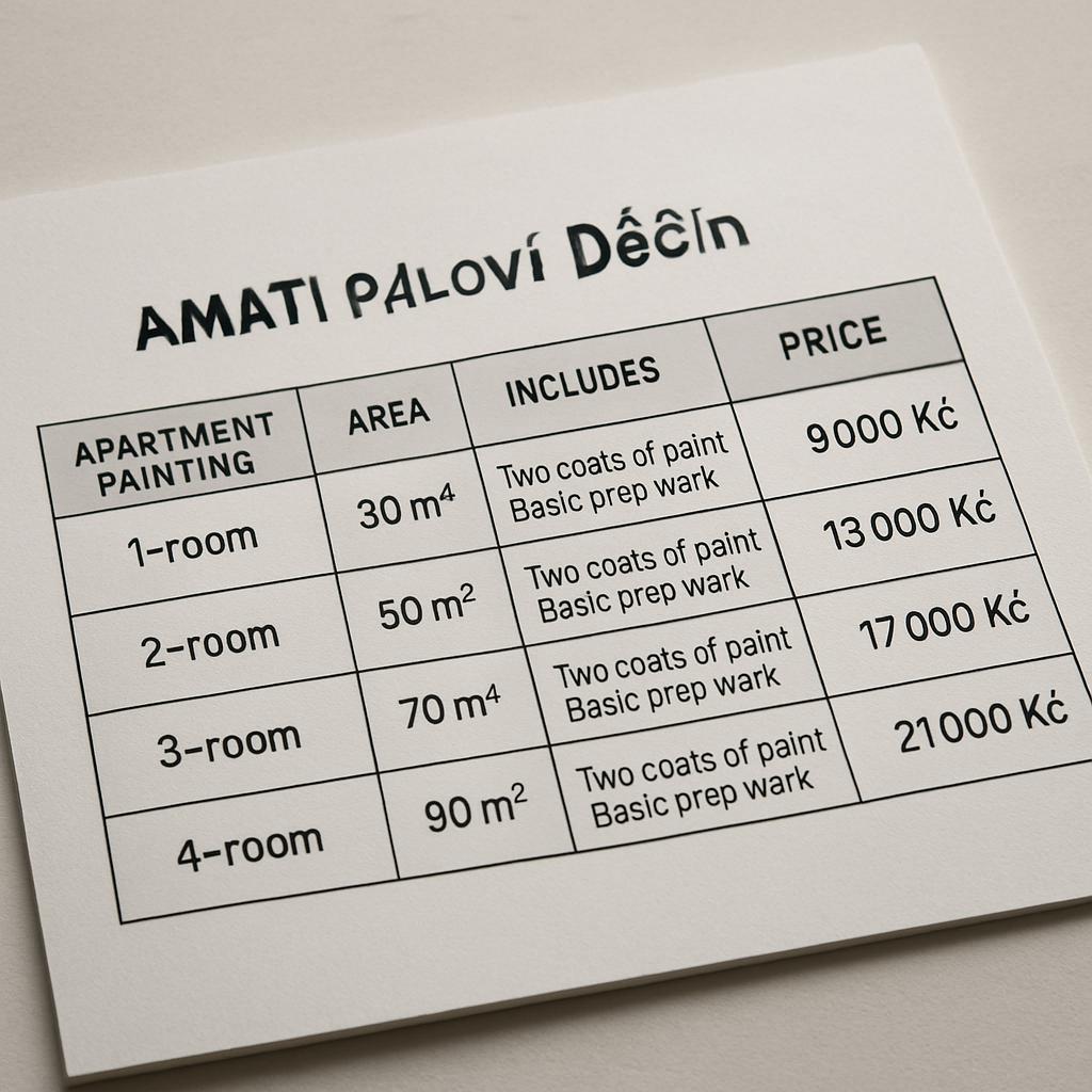 Inspirace pro ceník malování bytu (Děčín). Vzorová tabulka: co běžně zahrnuje ceník malování bytu