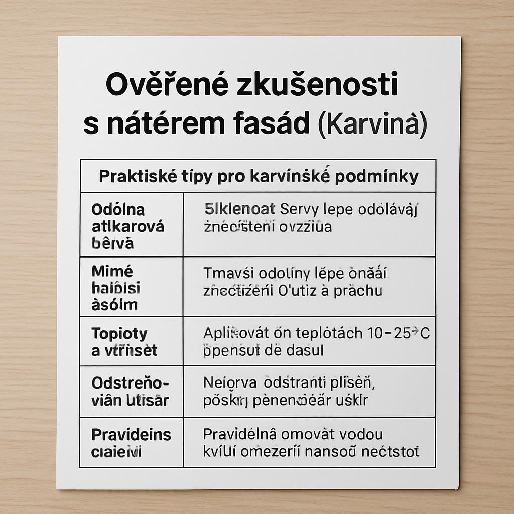 Ověřené zkušenosti s nátěr na fasád (Karviná). Tabulka s praktickými tipy pro karvinské podmínky Ověřené zkušenosti s nátěr na fasád (Karviná). Tabulka s praktickými tipy pro karvinské podmínky