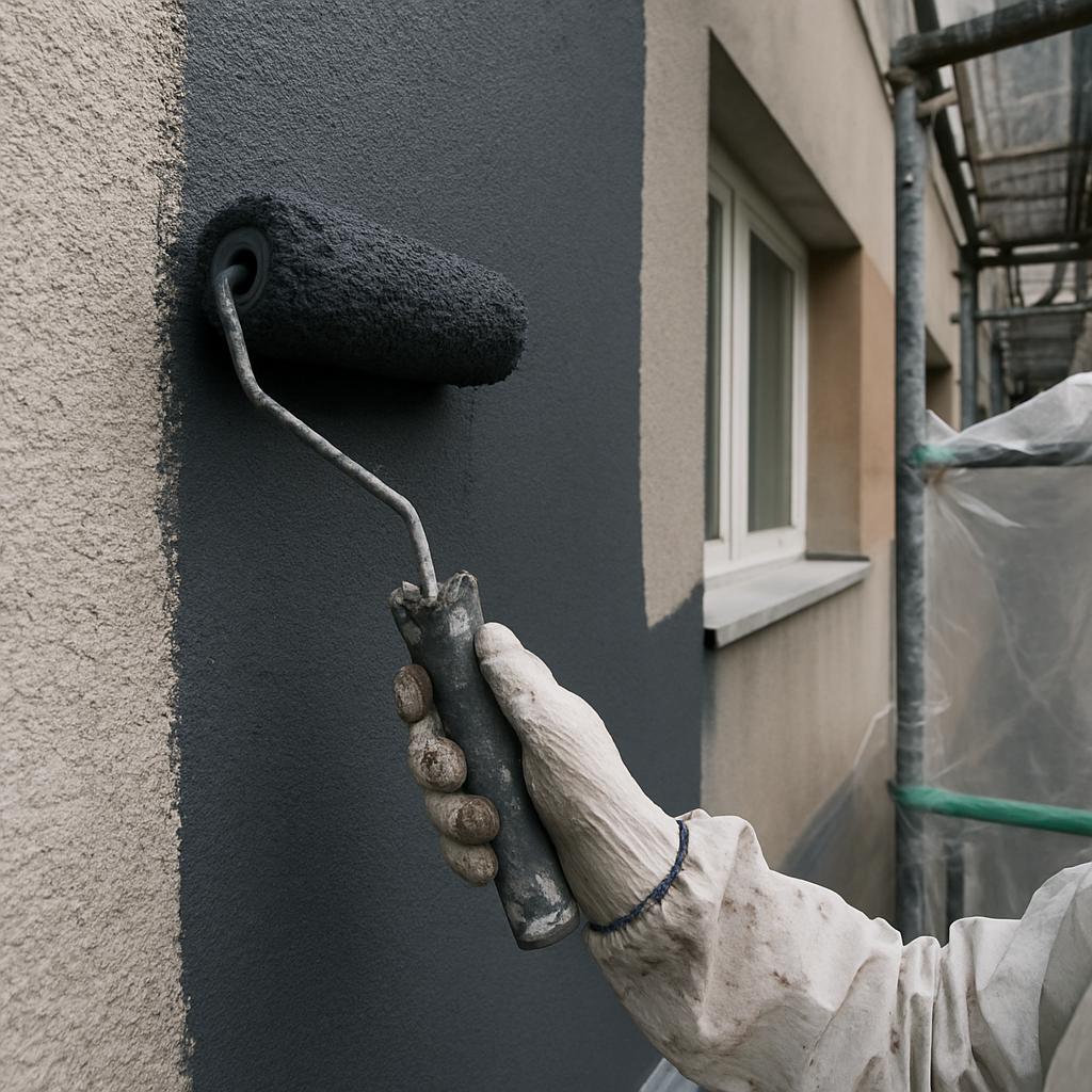 Detailní pohled na venkovní nátěr fasády (Most). Příprava a ochranné práce