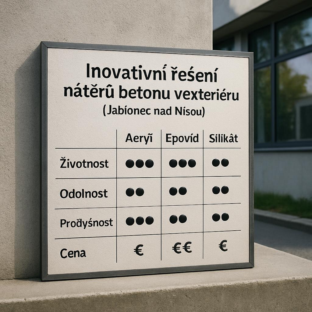 Inovativní řešení v rámci nátěr betonu exteriér (Jablonec nad Nisou). Krátká tabulka srovnání vybraných typů nátěrů Inovativní řešení v rámci nátěr betonu exteriér (Jablonec nad Nisou). Krátká tabulka srovnání vybraných typů nátěrů