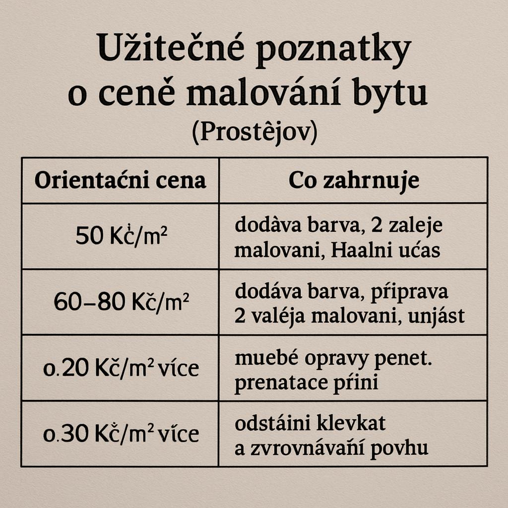 Užitečné poznatky o ceny malování bytu (Prostějov). Tabulka: orientační ceny a co zahrnují Užitečné poznatky o ceny malování bytu (Prostějov). Tabulka: orientační ceny a co zahrnují