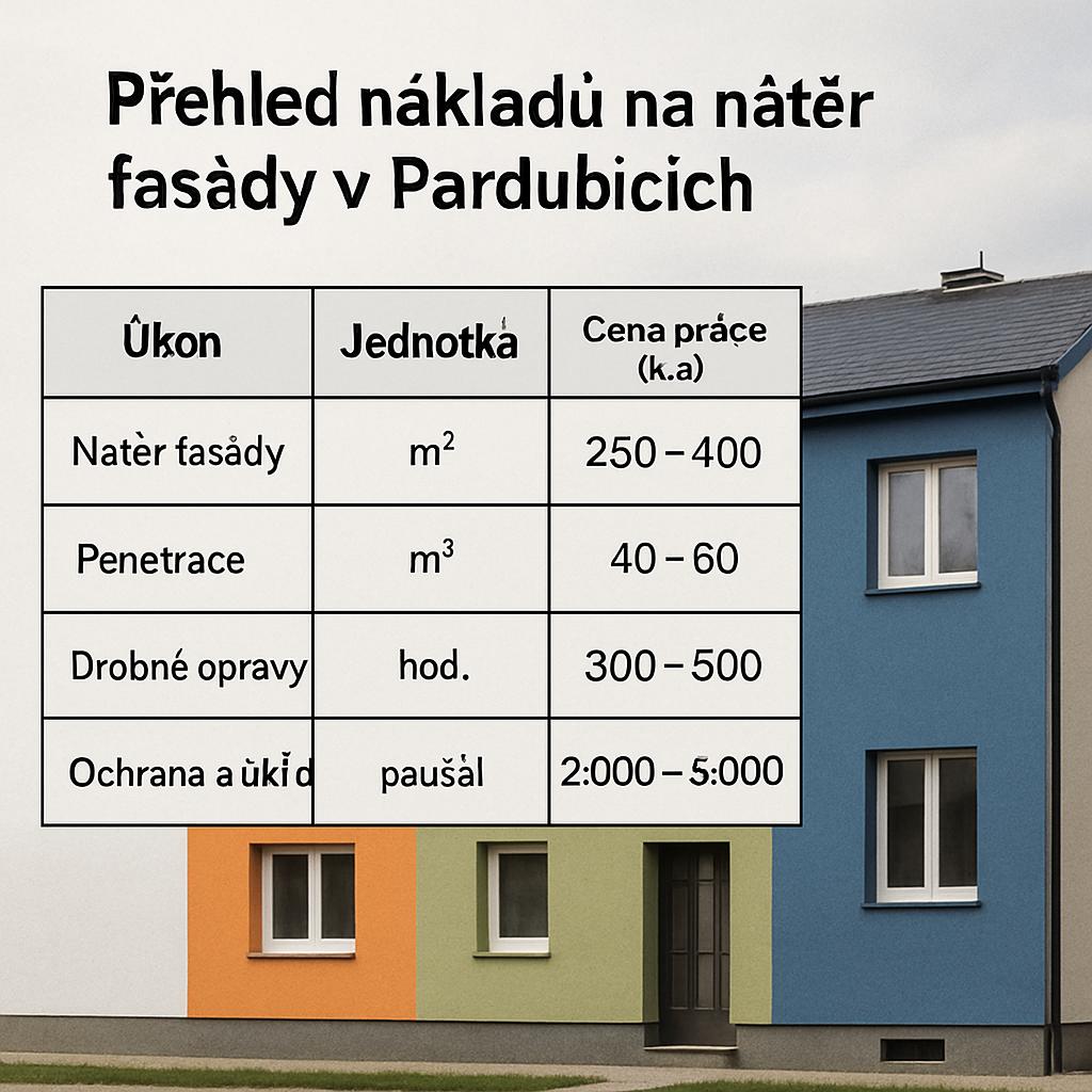 Nejnovější trendy v nátěr fasády cena práce (Pardubice). Tabulka: Přehled nákladů na nátěr fasády v Pardubicích