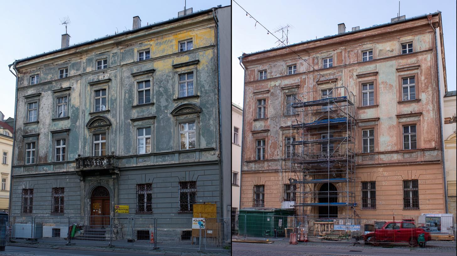 Postupy krok za krokem při renovaci fasády (Olomouc). Krok 1: Zhodnocení stavu fasády a stanovení cíle renovace
