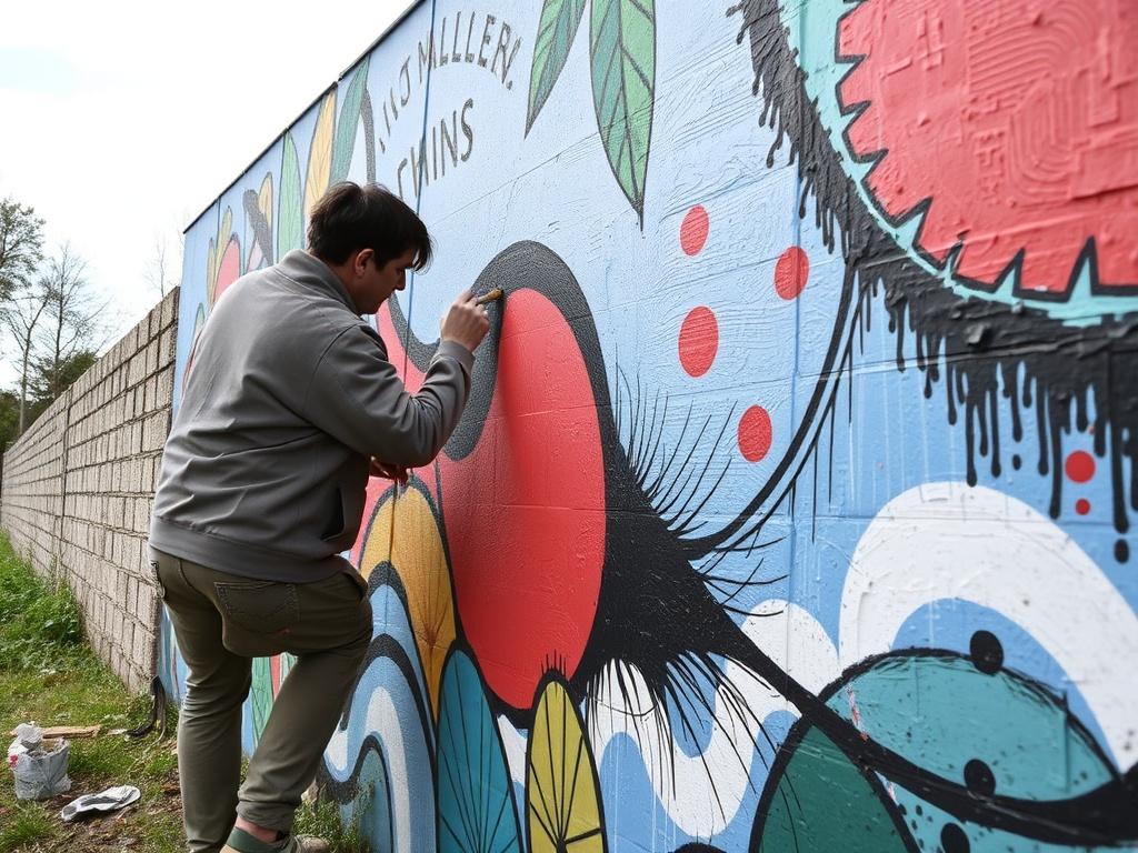 Detailní pohled na malování na venkovní zeď (Zlín). Materiály a techniky