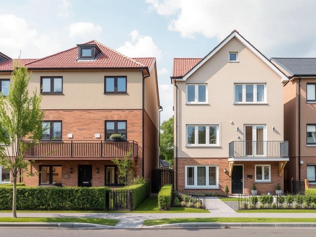 Detailní pohled na dvojdomy na klíč (Praha). Materiály, konstrukce a energetika