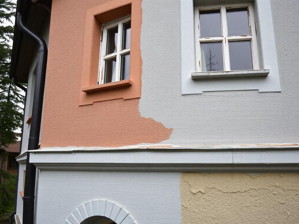 Detailní pohled na nátěr staré fasády (Frýdek-Místek). Příprava povrchu a ochrana okolí