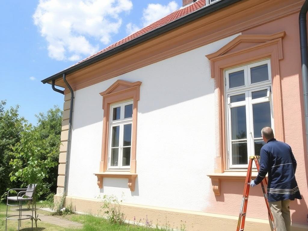 Postupy krok za krokem při nátěr staré fasády (Opava). Krok 5: Aplikace hlavního nátěru
