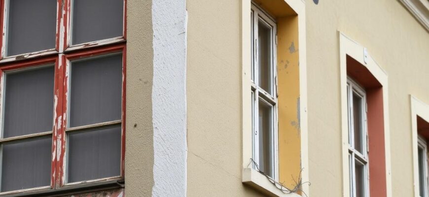 Detailní pohled na nátěr staré fasády (Brno)