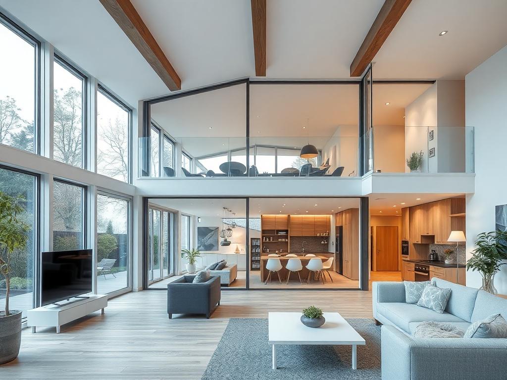 Detailní pohled na moderni dum na klíč (Pardubice). Interiérové zóny pro život a práci